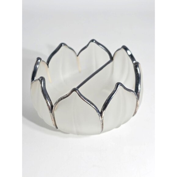 Frosted Glass Lotus Serving Bowl Plate Spoons With Silver-Toned Trim Vintage - Picture 6 of 12